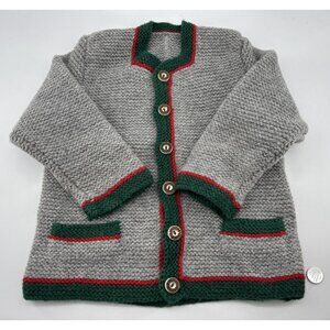 Vintage Handmade Childs Wool Button Down Sweater Green Red Gray Germany‎